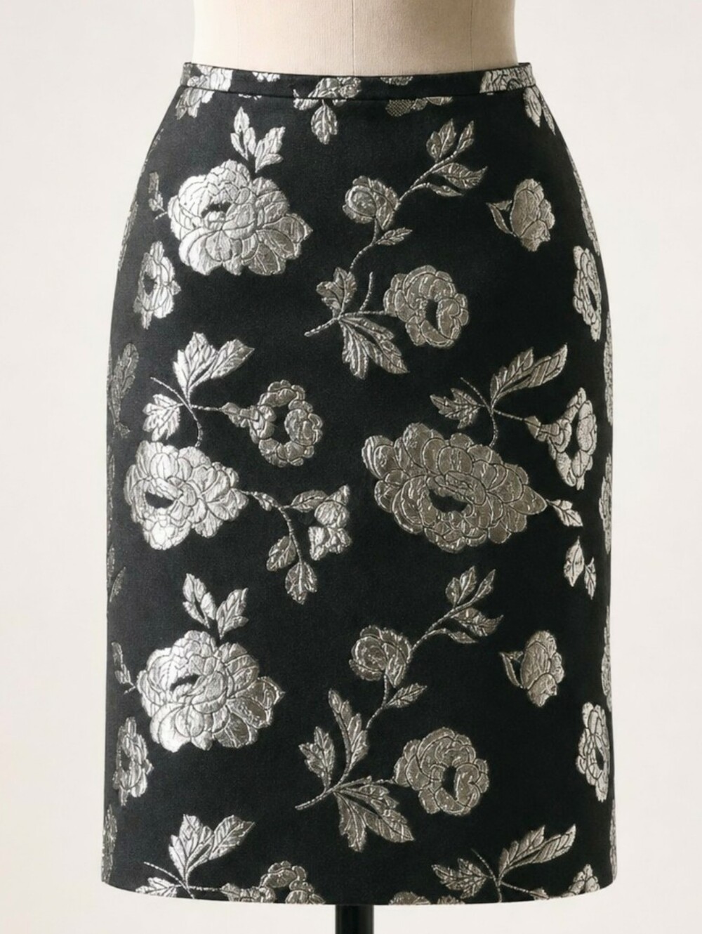 Calvin Klein Black Silver Metallic Floral Brocade Pencil Skirt Elegant • SIZE 4